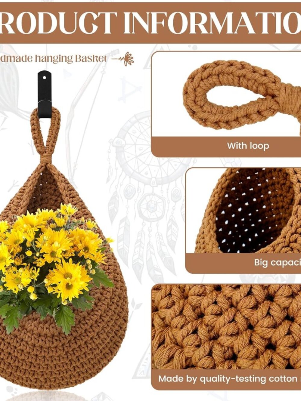 Boho Decor Hanging Fruit Baskets for Kitchen - 3 Pack Wall Hanging Basket with 6 - Picture 3 of 7